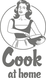 在家做饭的少女的围裙，拿着碗简单的圆形徽标灰色