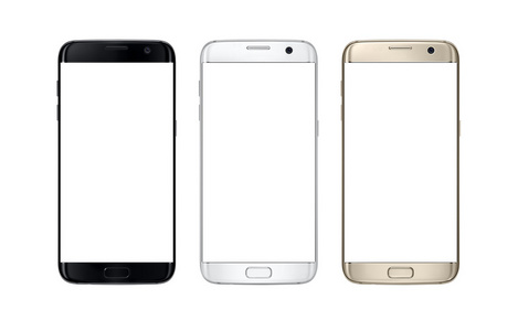 三种颜色的现代智能手机。 模拟等值的白色屏幕