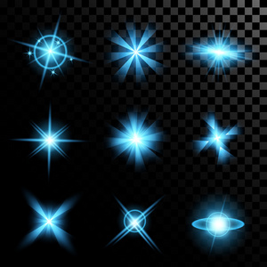 创意概念向量集的发光光效果星爆发与孤立在黑色背景上的火花