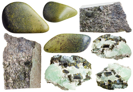 一套绿色绿帘石晶体和磨光的石块