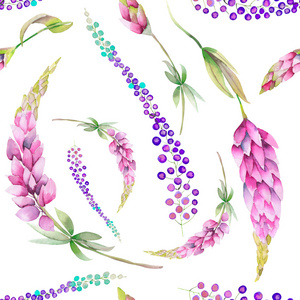 与水彩紫色羽扇豆花和一个无缝图案。