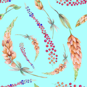 无缝模式与水彩花粉红色羽扇豆和抽象含羞草花