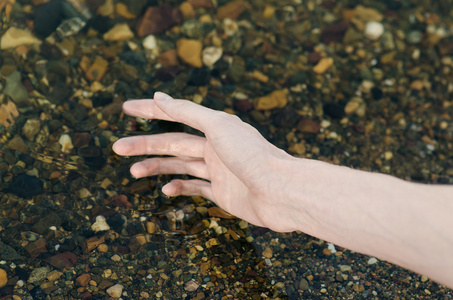 河流水主题  人类的手触摸到河里的水