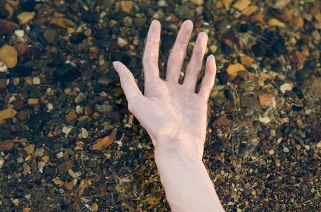 河流水主题  人类的手触摸到河里的水