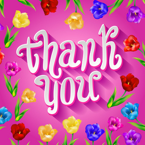 感谢您的卡片在粉红的颜色。时尚花卉背景使用的文字和可爱的卡通鸟在矢量