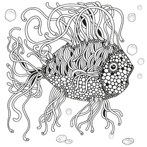 黑色和白色手绘制可爱的鱼图片