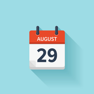 八月29日矢量平面日日历图标。 日期和时间