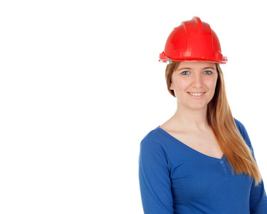 建筑师在红色安全帽的女人