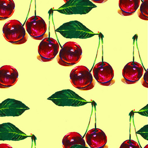五颜六色的无缝图案与成熟的樱桃。