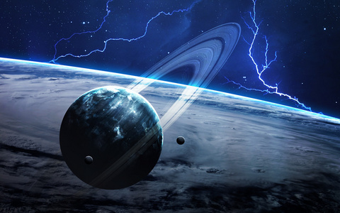 由美国国家航空航天局提供的元素太空飞行的抽象场景与行星, 恒星和