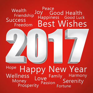 2017 快乐新的一年。愿你安好。红色和银色的贺卡