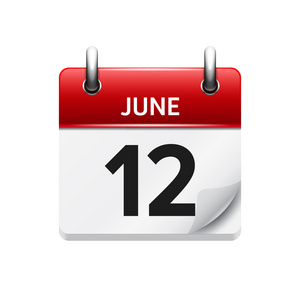 六月十二日。 矢量平面每日日历图标。 日期和时间
