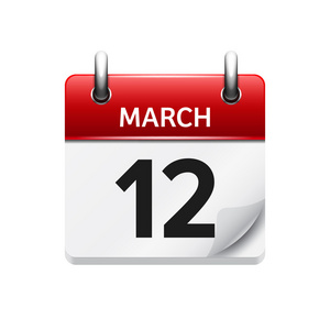 三月12日矢量平面日日历图标。 日期和时间