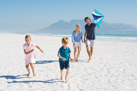 家庭飞行的风筝在沙滩