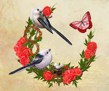 白色的小鸟，在红色的花朵的背景下