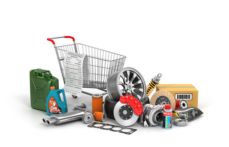 汽车配件购物的概念.许多汽车零部件附近购物 tr照片