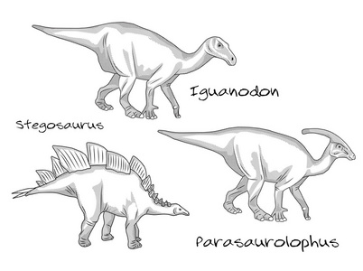 细线雕刻风格插图 各种史前恐龙，它包括剑龙 栉 禽龙