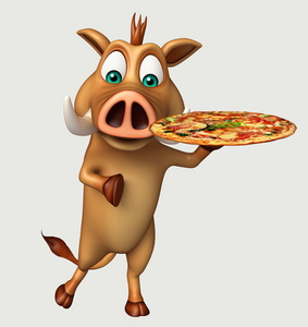 有趣的野猪卡通人物与比萨饼