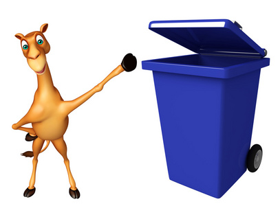 可爱的骆驼卡通人物与垃圾桶