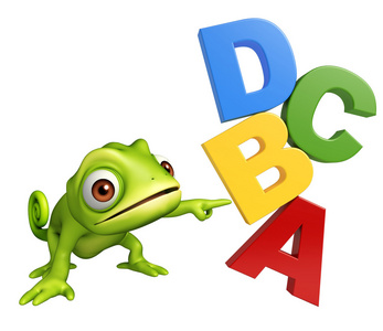 卡通abcd有趣的变色龙卡通人物与 abcd 标志照片