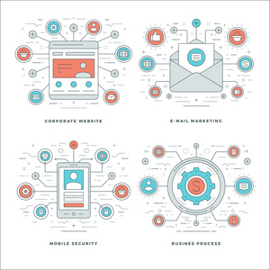 扁线电子邮件营销，手机安全，业务过程概念设置矢量插图