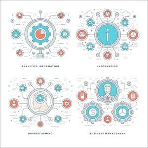 扁线分析信息，集思广益，业务团队管理概念设置矢量插图