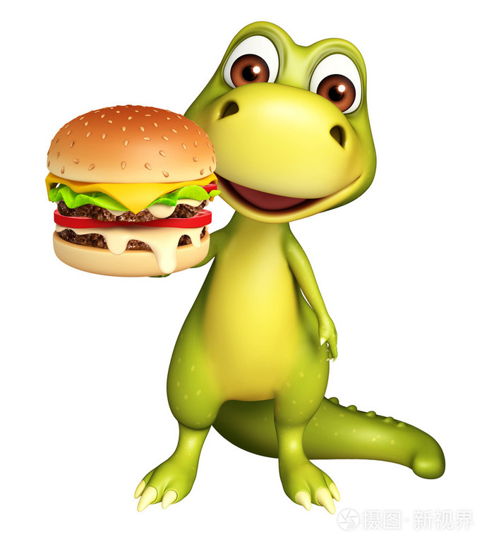 可爱恐龙卡通人物与汉堡