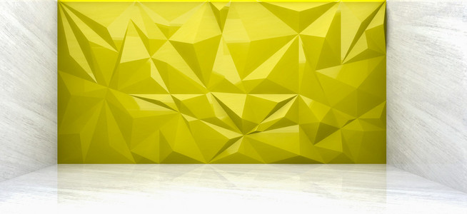 3d 渲染的黄色多边形墙在大理石的房间里