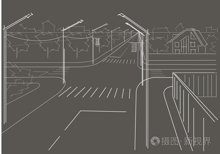 在灰色的背景上的线性建筑素描住宅街道十字路口