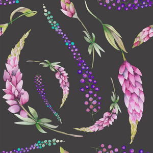 与水彩紫色羽扇豆花和一个无缝图案。