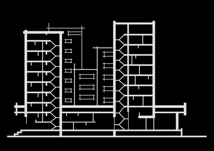 线性的多层建筑的建筑小品。在黑色背景上的剖面图