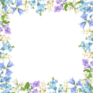 框架与蓝色 紫色和白色的花朵。矢量图