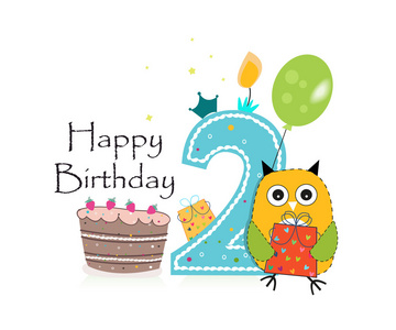 二岁生日贺卡。 可爱的蓝色猫头鹰气球和生日