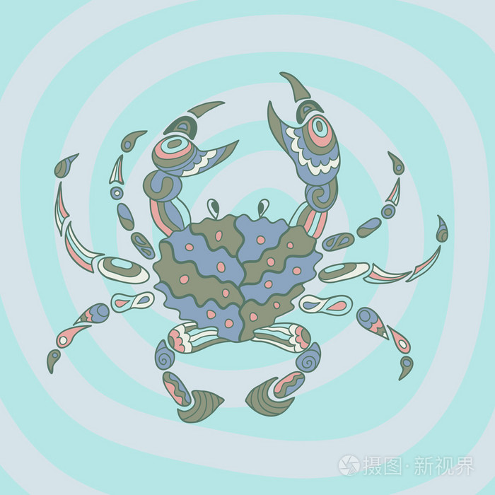 插画 抽象 卡通风格上灰色的蓝色背景螺旋粗略蟹.eps