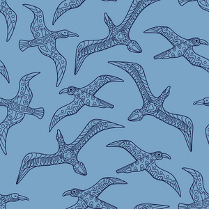 时尚无缝纹理与涂鸦贝加尔海鸥蓝色