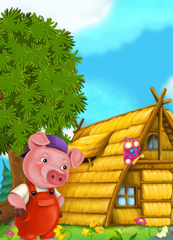 卡通童话场景与猪工作在它的房子