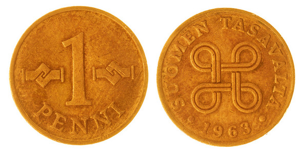 孤立在白色的背景下，芬兰的 1 penni 1963 硬币