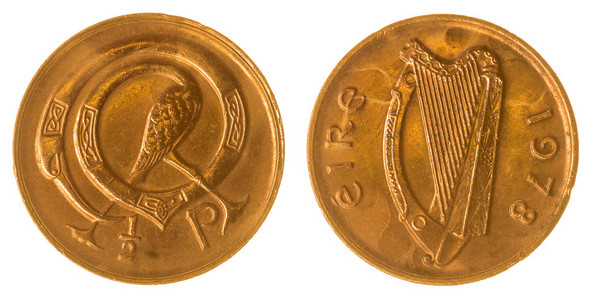 孤立在白色的背景下，爱尔兰的半便士 1978年硬币