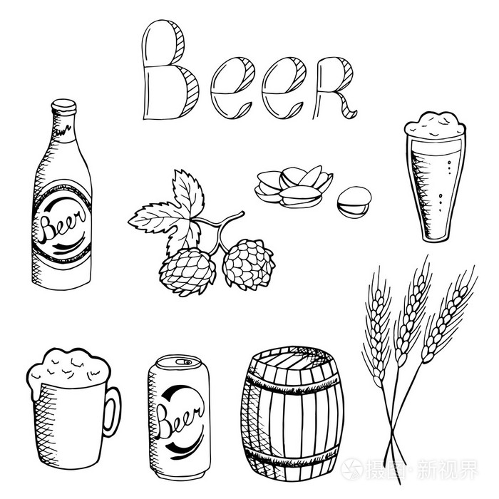 啤酒图形设置艺术的黑色白色孤立的插图矢量插画-正版商用图片1n1mzh