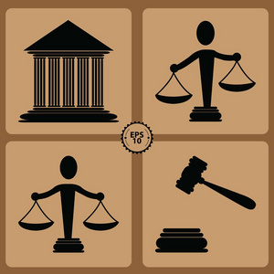 法律和正义的一组标签 司法法院大楼具鳞片的正义和木槌标签为法官 检察官 律师 矢量图