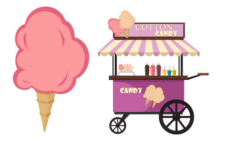 矢量平面插画的棉花糖车甜糖食品运输