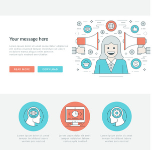 扁线业务概念网站页眉矢量图。现代薄线性冲程矢量图标