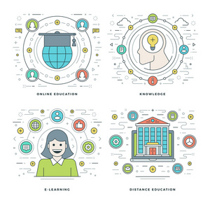 扁线在线教育，知识 E 学习概念设置矢量插图。现代薄线性冲程矢量图标