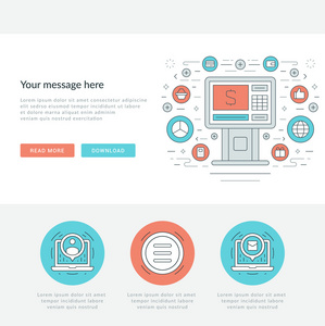 扁线业务概念网站页眉矢量图。现代薄线性冲程矢量图标