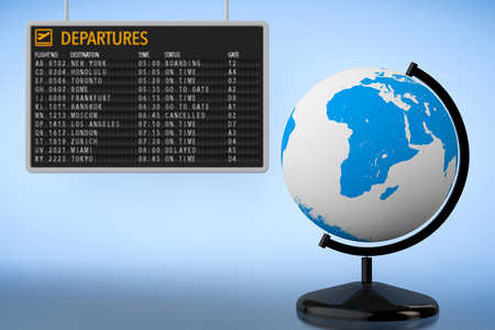 世界旅游概念。机场离境董事会与地球地球