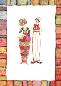手绘水彩插图与传统服饰
