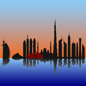 迪拜在日落时的天际线  日出与水中倒影