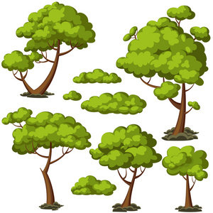 一套可爱的卡通树木和绿色灌木