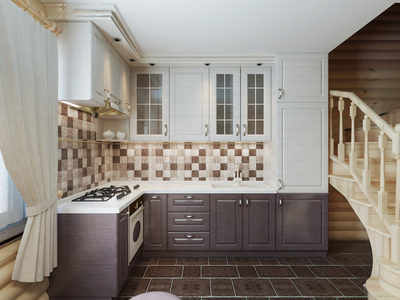 原木内部的厨房采用现代棕色风格。