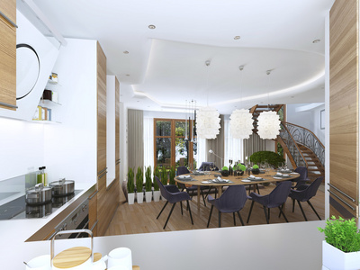 餐厅厨房设计采用现代风格，配有餐桌